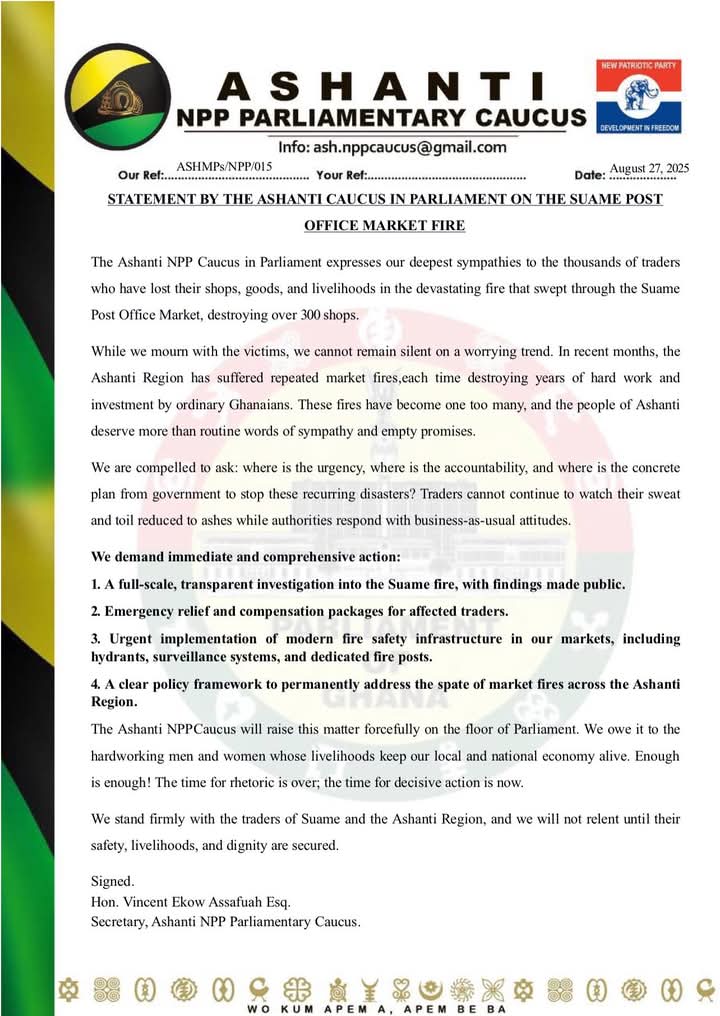 STATEMENT BY THE ASHANTI CAUCUS IN PARLIAMENT ON THE SUAME POST OFFICE MARKET FIRE